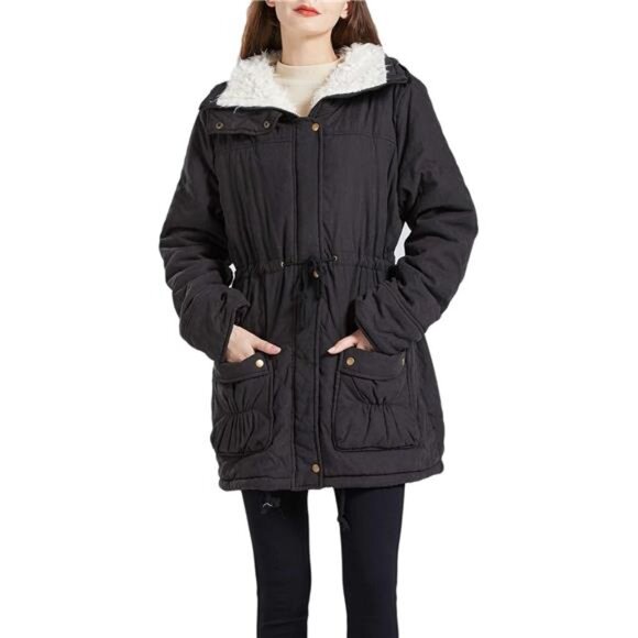 Women's Mid-Length Winter Jacket - Thick Warm Coat with Faux Lamb Wool Lining - Picture 7 of 8
